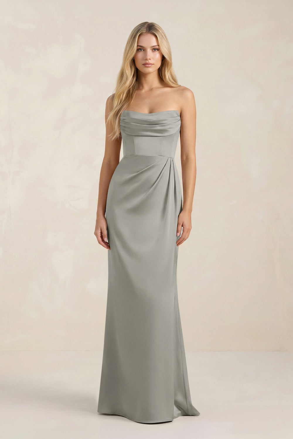 Cowl Neck Sheath Satin Bridesmaid Dress With Detachable Sleeves in Silver