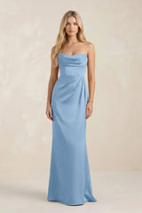 Cowl Neck Sheath Satin Bridesmaid Dress With Detachable Sleeves in Sky Blue - KISS BRIDAL Bridesmaid Dresses
