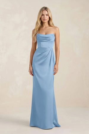 Cowl Neck Sheath Satin Bridesmaid Dress With Detachable Sleeves in Sky Blue - KISS BRIDAL Bridesmaid Dresses