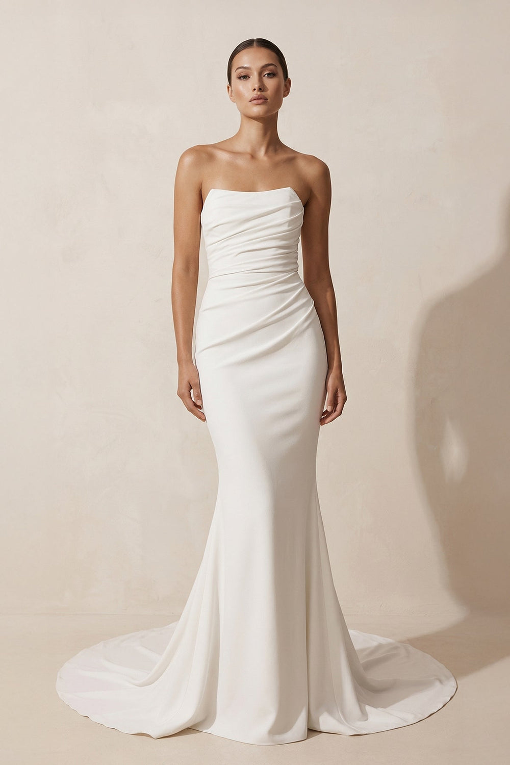 Crepe Strapless Ruched Mermaid Wedding Dress in Ivory
