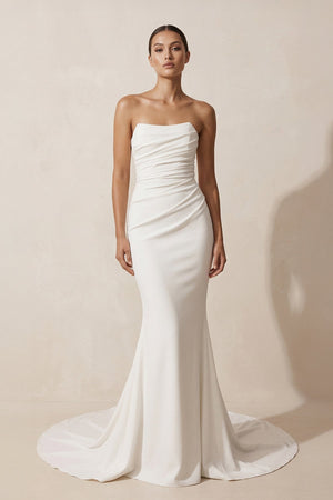 Crepe Strapless Ruched Mermaid Wedding Dress in Ivory - KISS BRIDAL Wedding Dresses