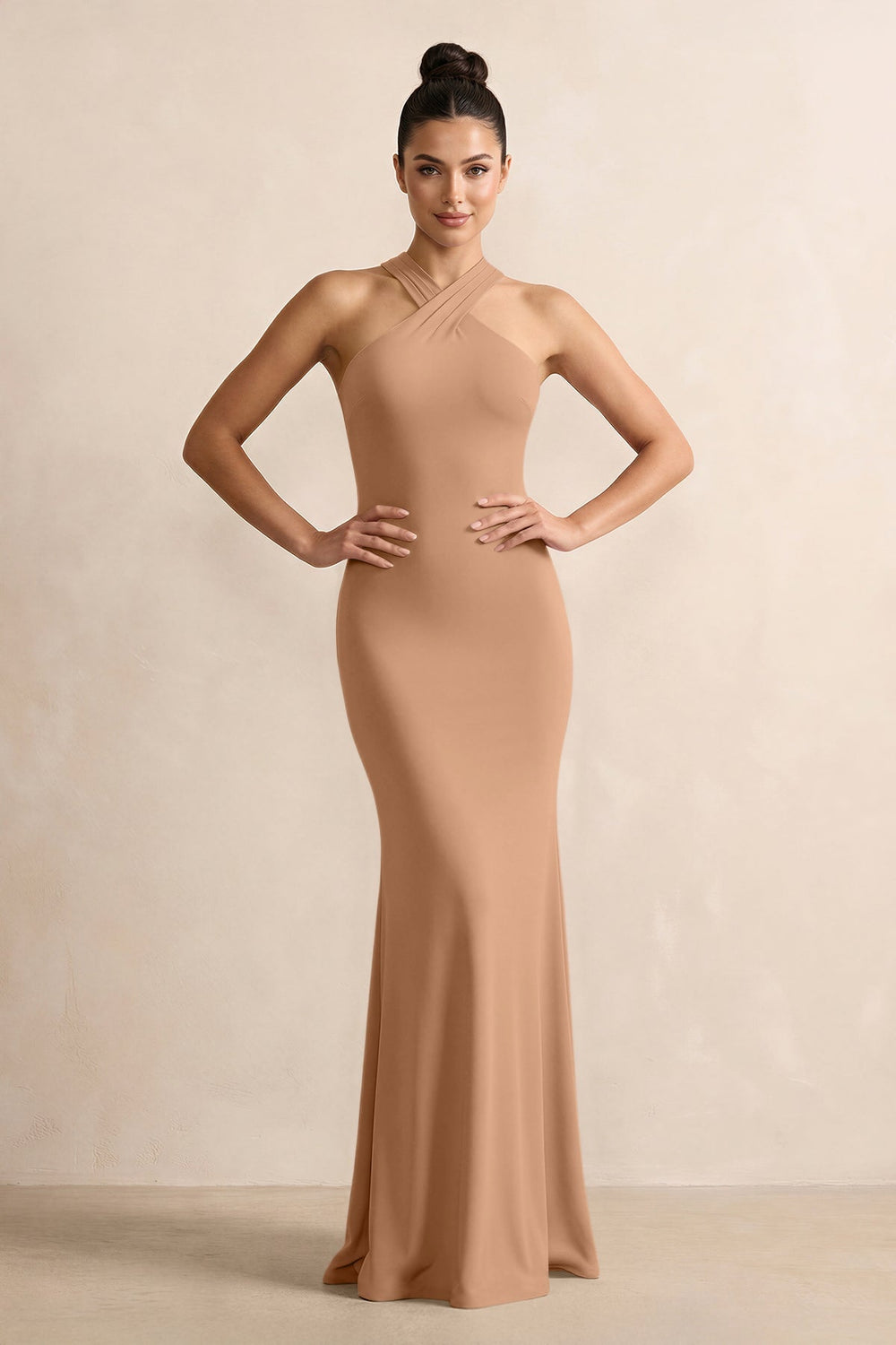 Crisscross Halter Sheath Chiffon Bridesmaid Dress with Bow in Bronzer