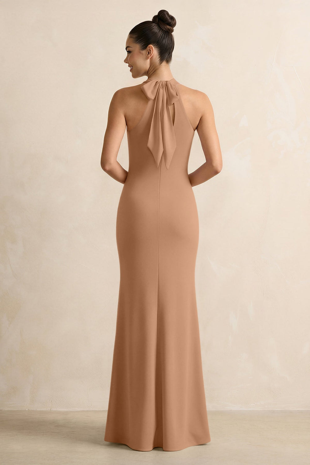 Crisscross Halter Sheath Chiffon Bridesmaid Dress with Bow in Bronzer