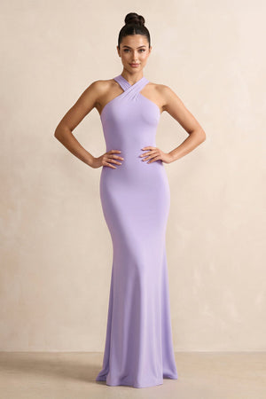 Crisscross Halter Sheath Chiffon Bridesmaid Dress with Bow in Lavender - KISS BRIDAL BRIDESMAID DRESSES