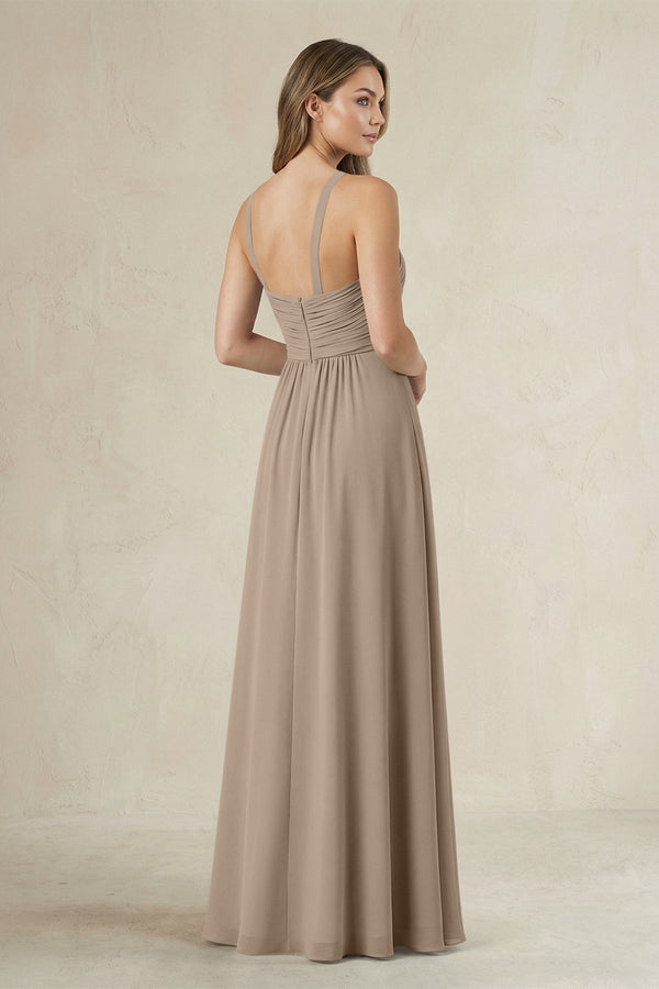 Cross Halter A-Line Pleated Bridesmaid Dress in Almond (2) | KISSBRIDAL