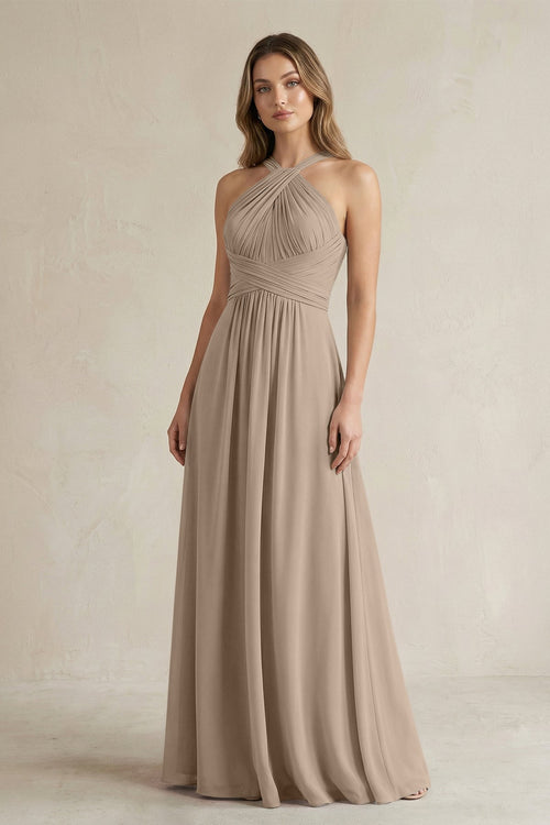 Cross Halter A-Line Pleated Bridesmaid Dress in Almond | KISSBRIDAL