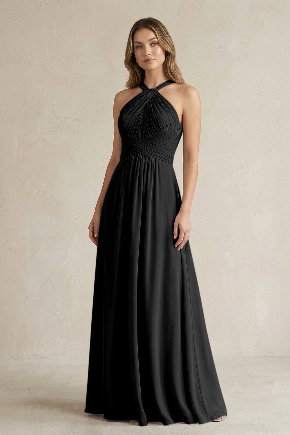 Cross Halter A-Line Pleated Bridesmaid Dress in Black
