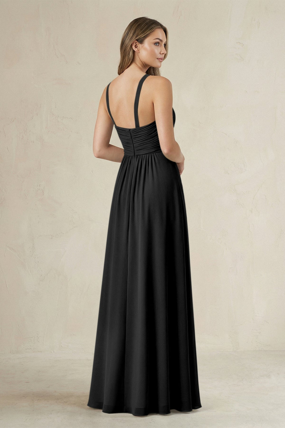 Cross Halter A-Line Pleated Bridesmaid Dress in Black