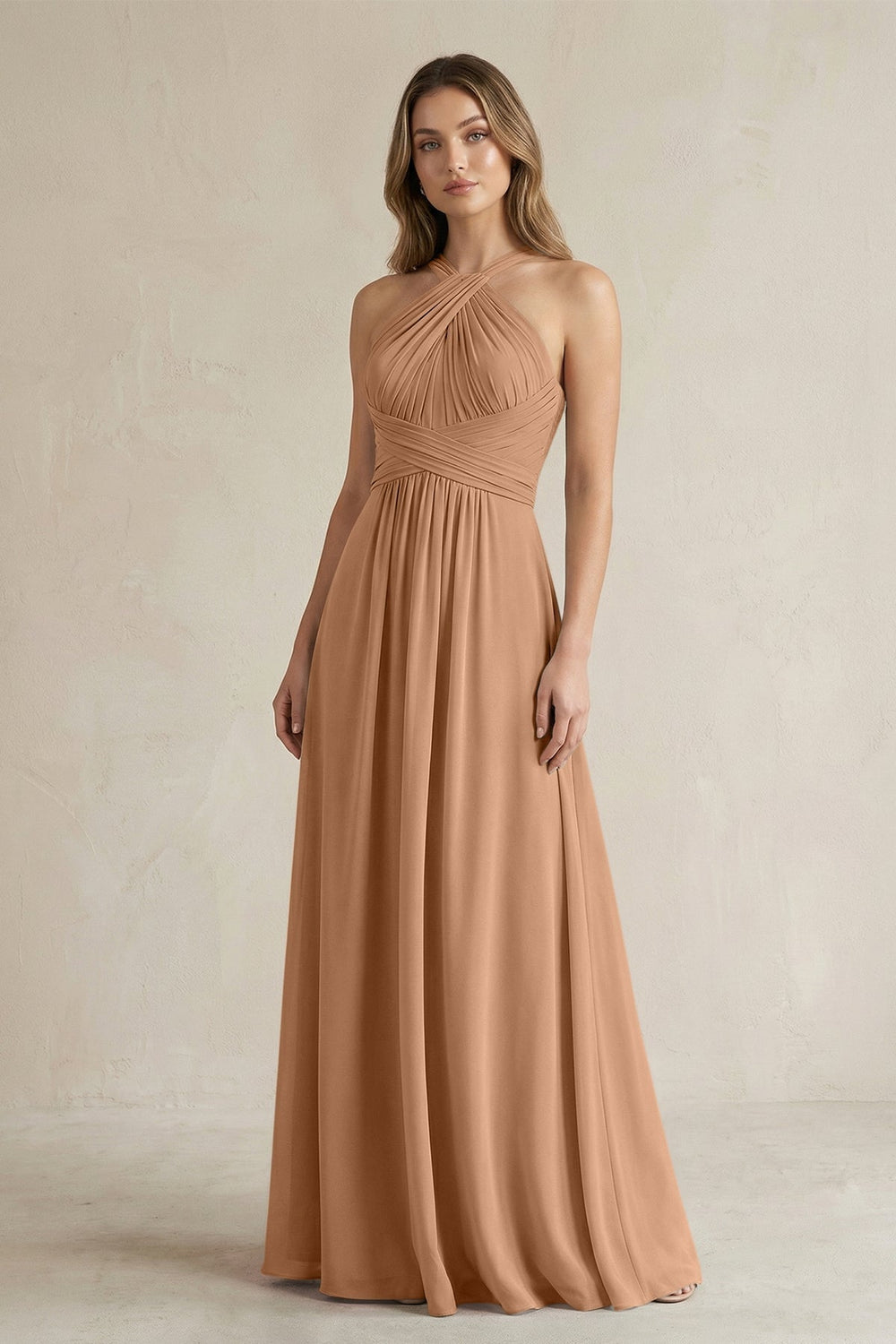 Cross Halter A-Line Pleated Bridesmaid Dress in Bronzer