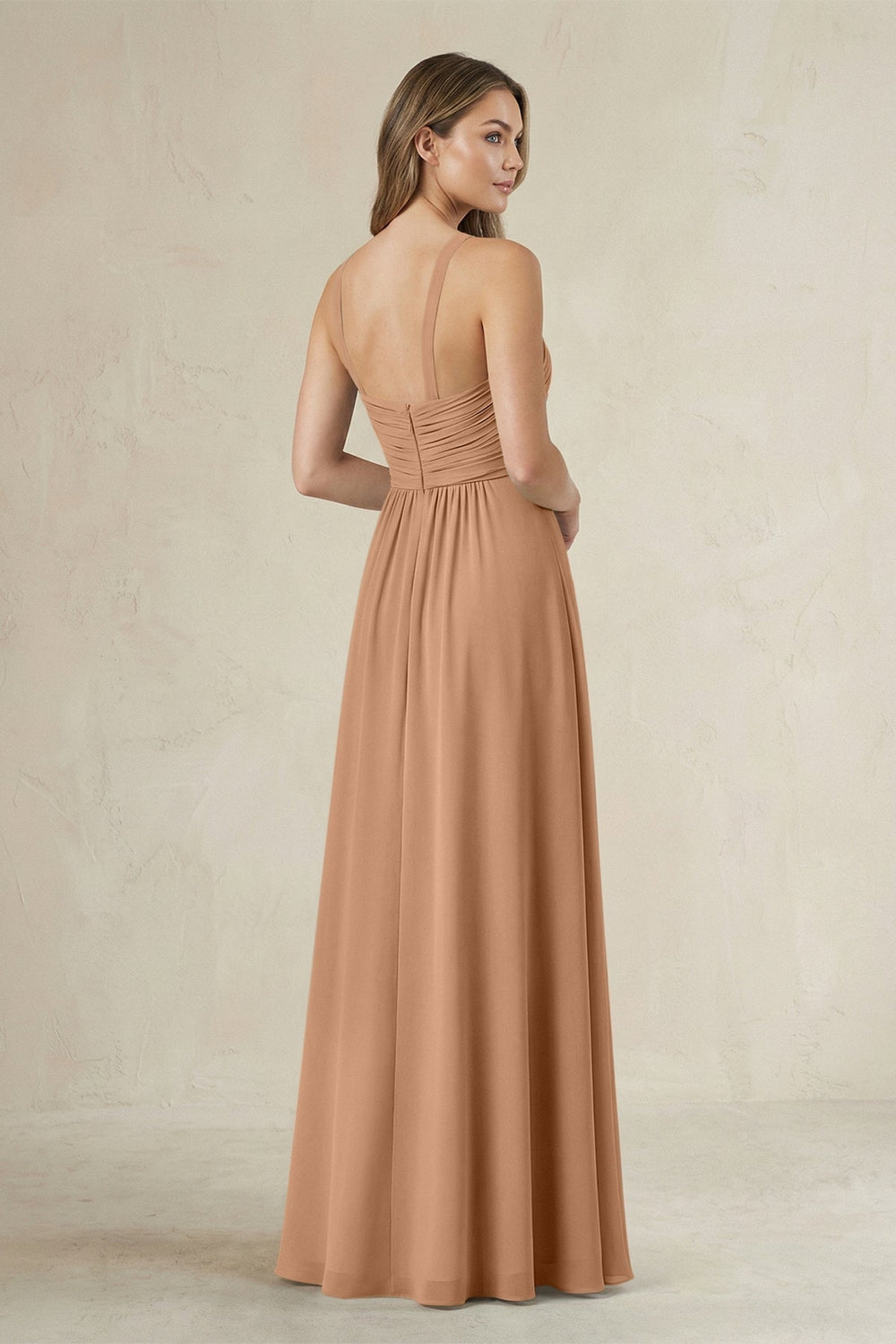 Cross Halter A-Line Pleated Bridesmaid Dress in Bronzer