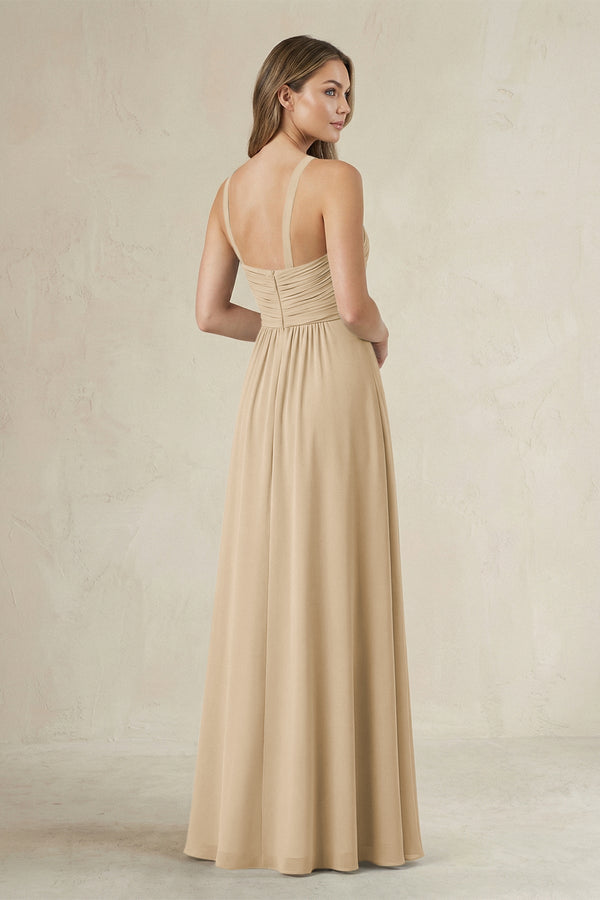 Cross Halter A-Line Pleated Bridesmaid Dress in Champagne (2) | KISSBRIDAL