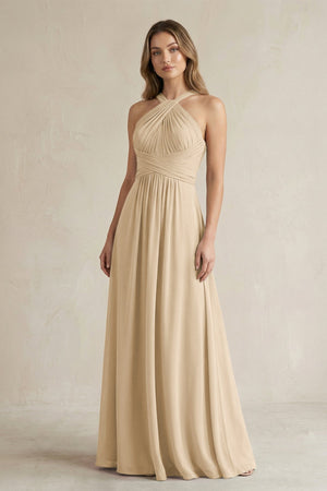 Cross Halter A-Line Pleated Bridesmaid Dress in Champagne | KISSBRIDAL
