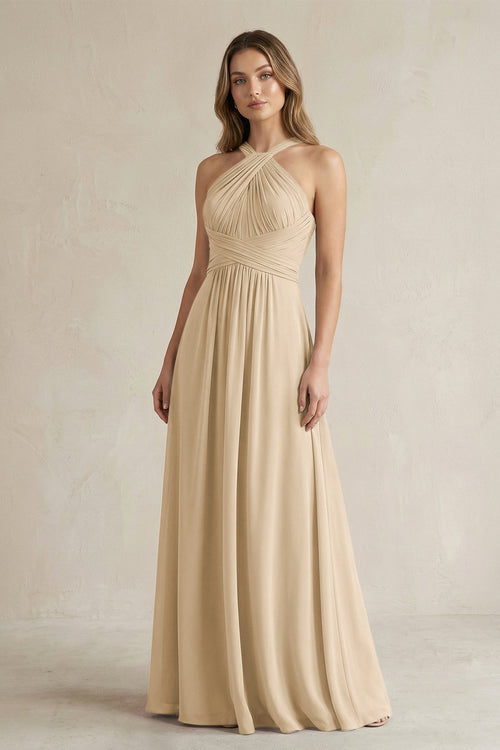 Cross Halter A-Line Pleated Bridesmaid Dress in Champagne | KISSBRIDAL