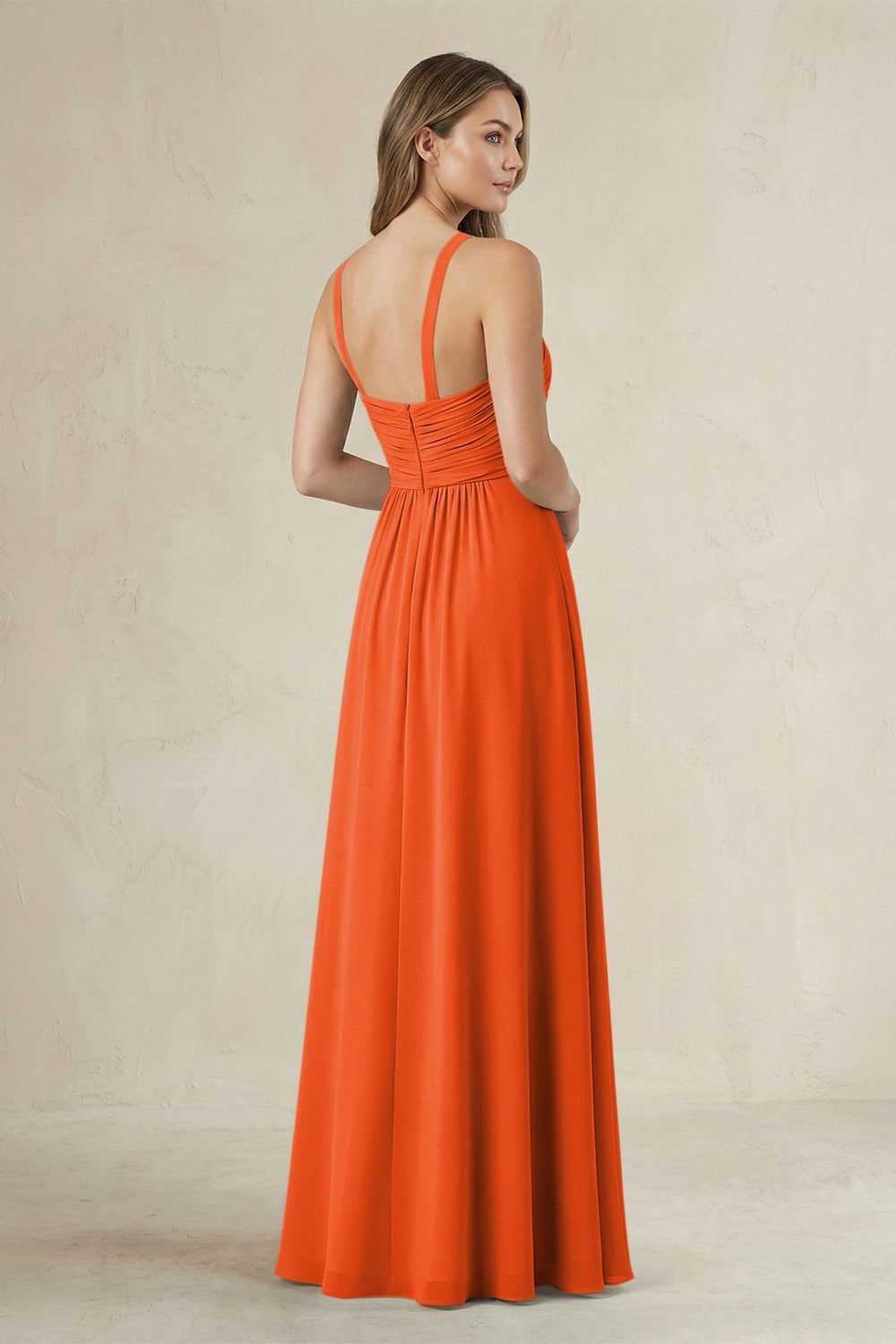 Cross Halter A-Line Pleated Bridesmaid Dress in Cinnamon
