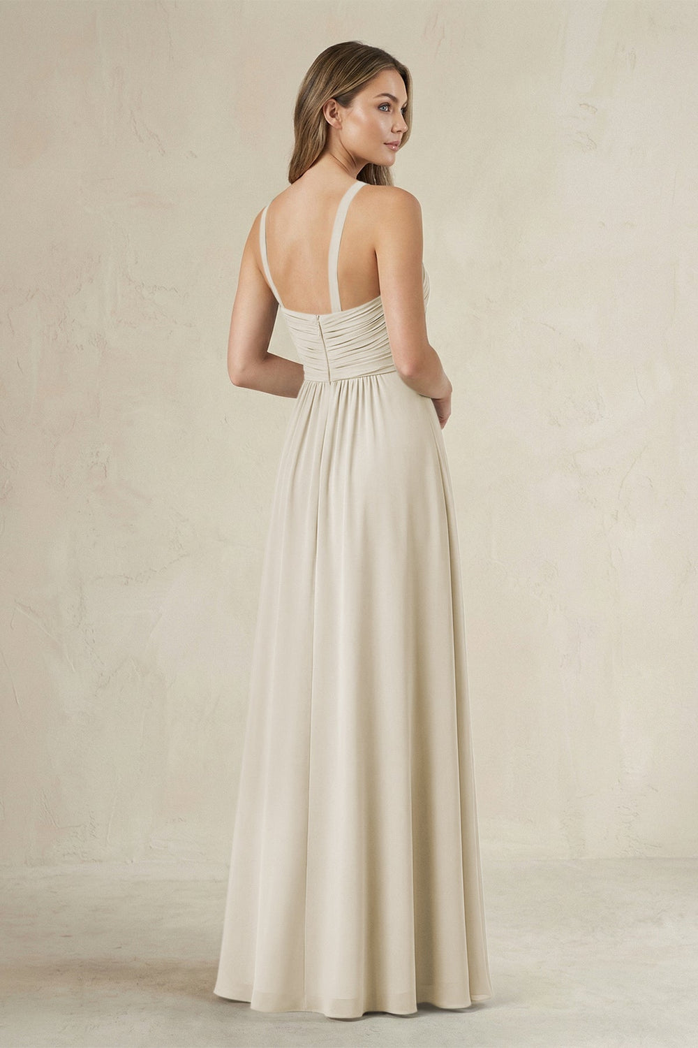 Cross Halter A-Line Pleated Bridesmaid Dress in Dove Gray