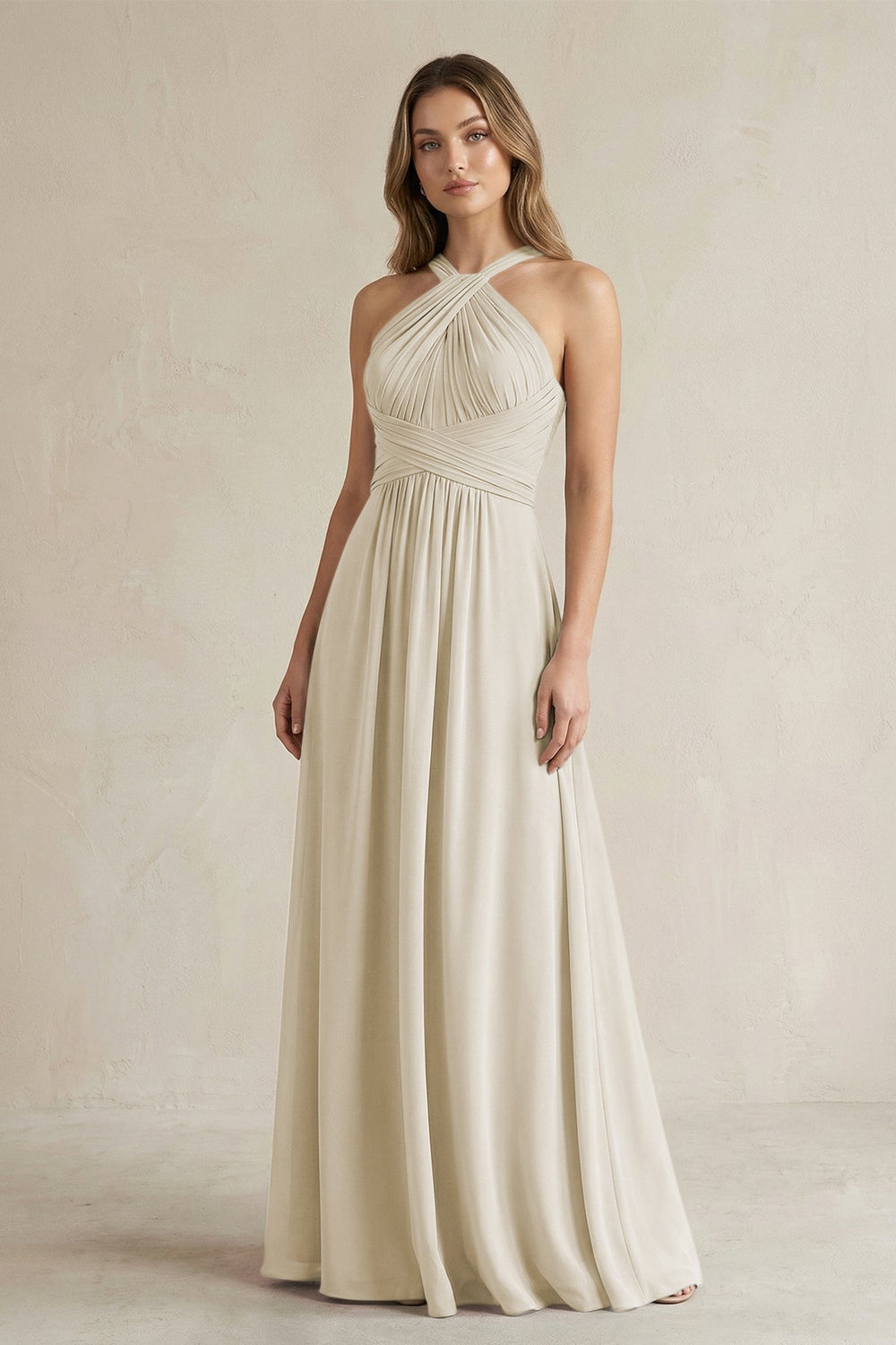 Cross Halter A-Line Pleated Bridesmaid Dress in Dove Gray