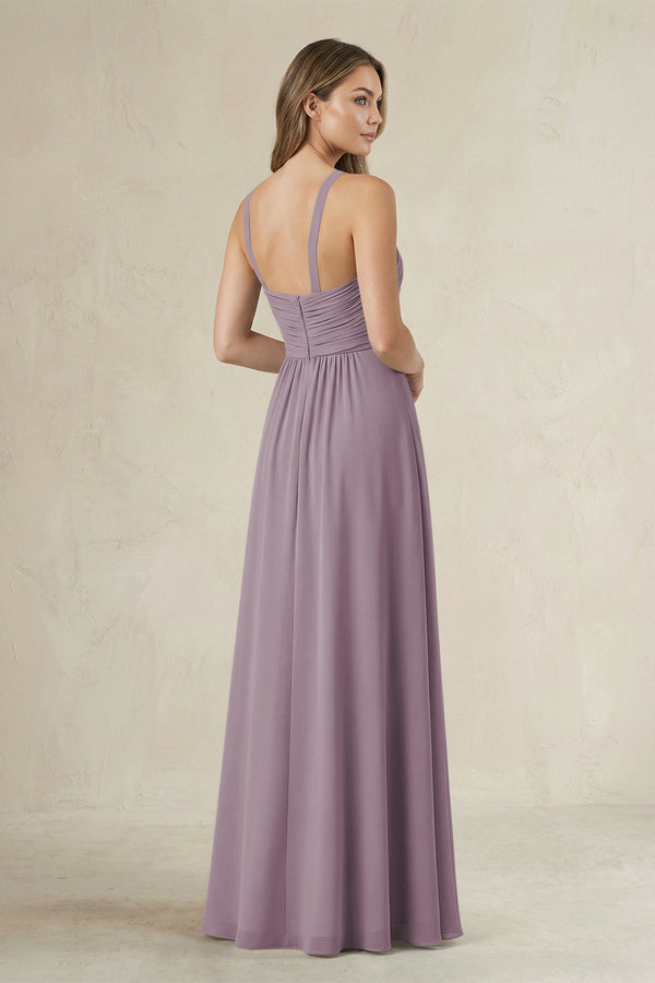 Cross Halter A-Line Pleated Bridesmaid Dress in Dusk (2) | KISSBRIDAL