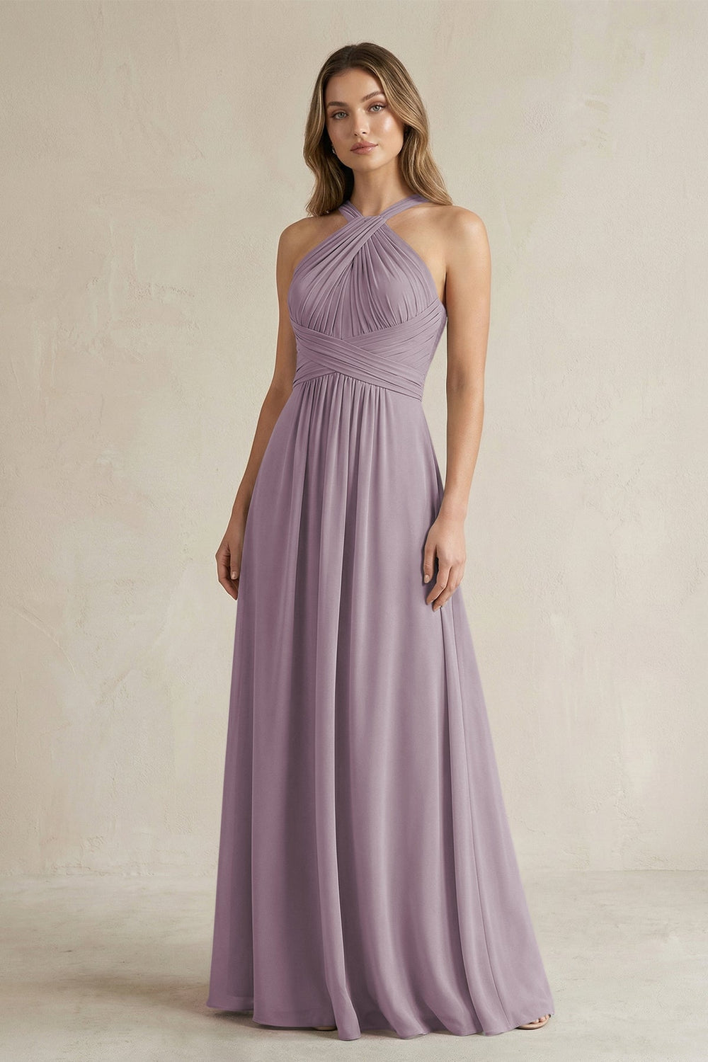 Cross Halter A-Line Pleated Bridesmaid Dress in Dusk