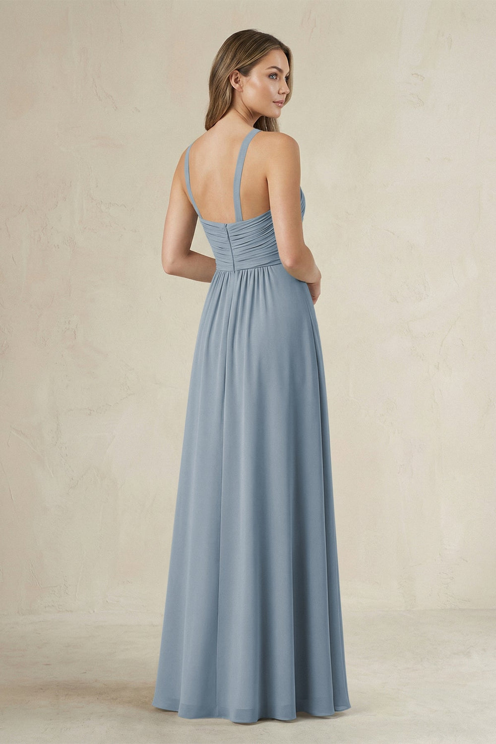 Cross Halter A-Line Pleated Bridesmaid Dress in Dusty Blue