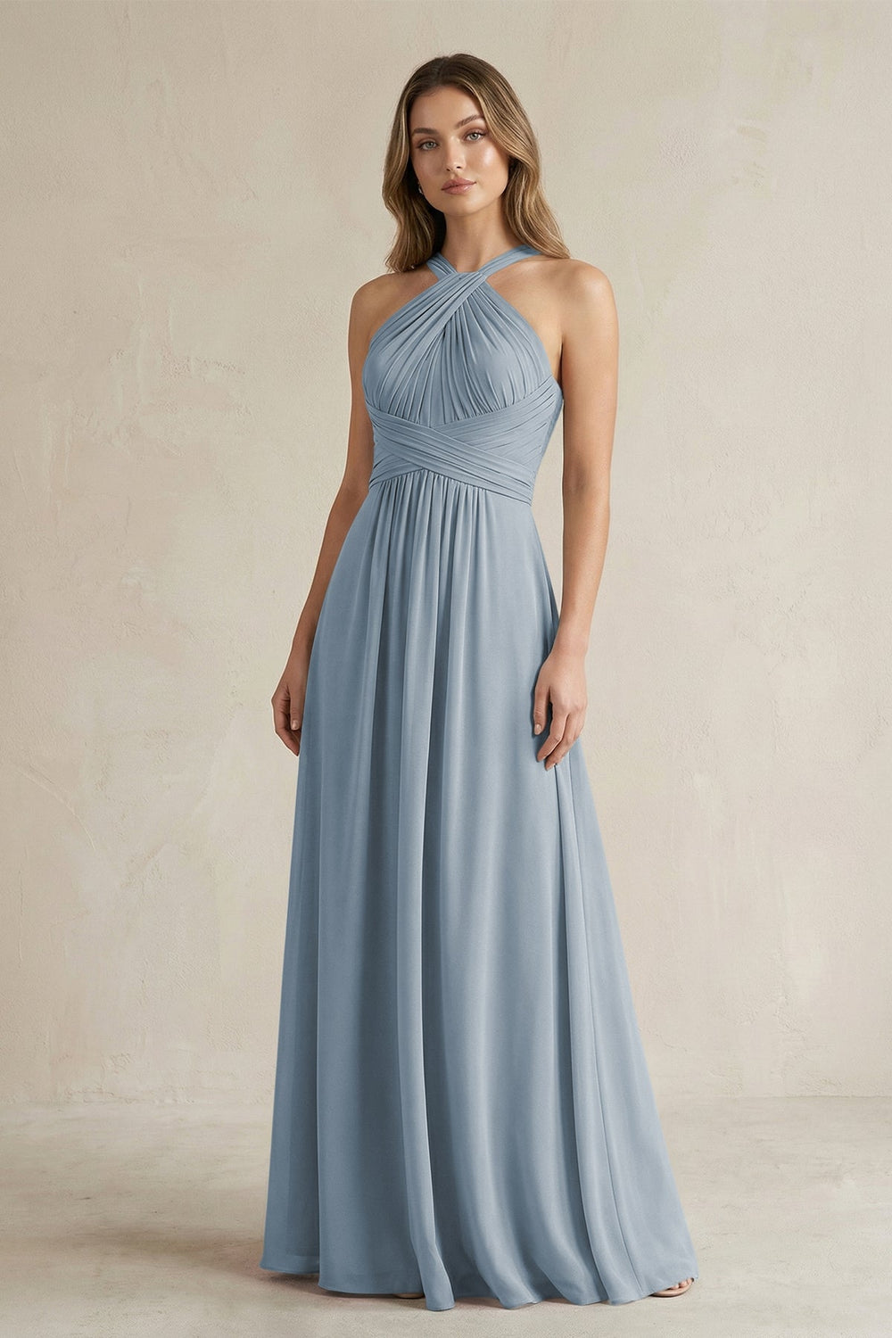 Cross Halter A-Line Pleated Bridesmaid Dress in Dusty Blue