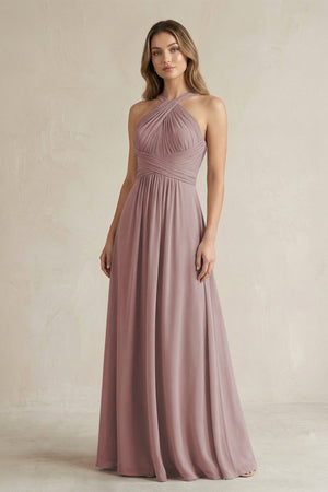 Cross Halter A-Line Pleated Bridesmaid Dress in Dusty Rose | KISSBRIDAL