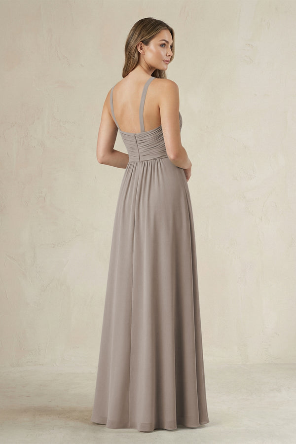 Cross Halter A-Line Pleated Bridesmaid Dress in Frost (2) | KISSBRIDAL