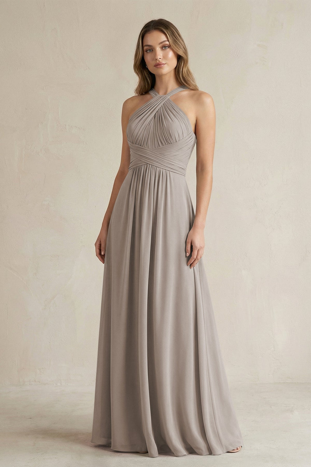 Cross Halter A-Line Pleated Bridesmaid Dress in Frost