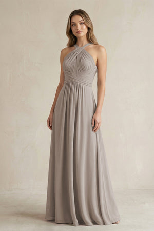 Cross Halter A-Line Pleated Bridesmaid Dress in Frost | KISSBRIDAL