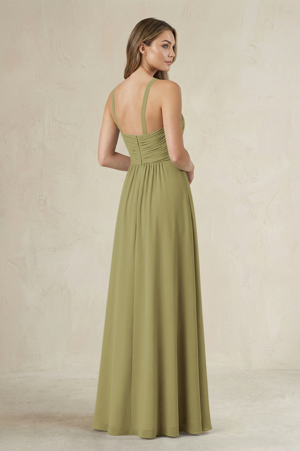 Cross Halter A-Line Pleated Bridesmaid Dress in Moss Green