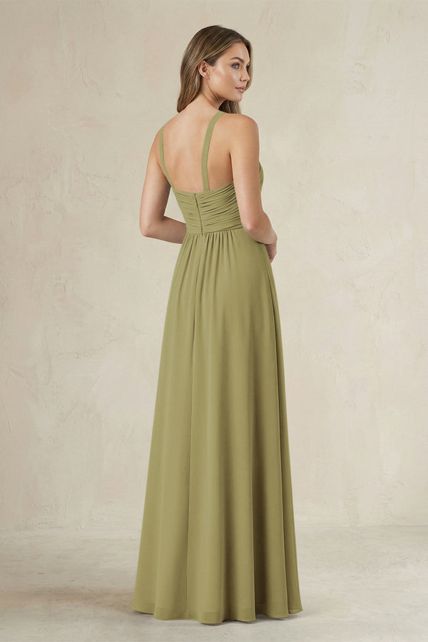 Cross Halter A-Line Pleated Bridesmaid Dress in Moss Green (2) | KISSBRIDAL