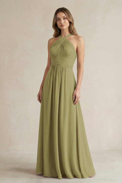 Cross Halter A-Line Pleated Bridesmaid Dress in Moss Green | KISSBRIDAL