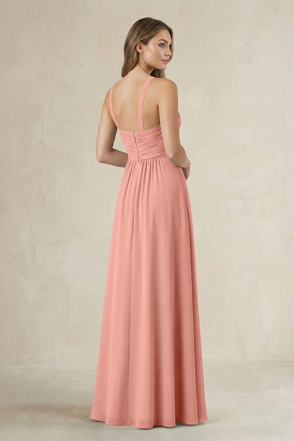 Cross Halter A-Line Pleated Bridesmaid Dress in Rosette (2) | KISSBRIDAL