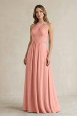 Cross Halter A-Line Pleated Bridesmaid Dress in Rosette | KISSBRIDAL