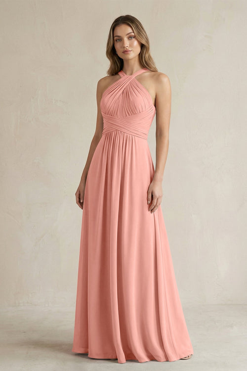 Cross Halter A-Line Pleated Bridesmaid Dress in Rosette | KISSBRIDAL