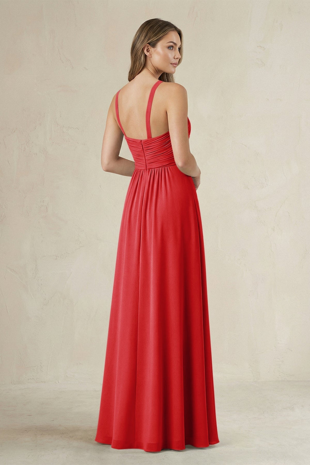 Cross Halter A-Line Pleated Bridesmaid Dress in Ruby Red