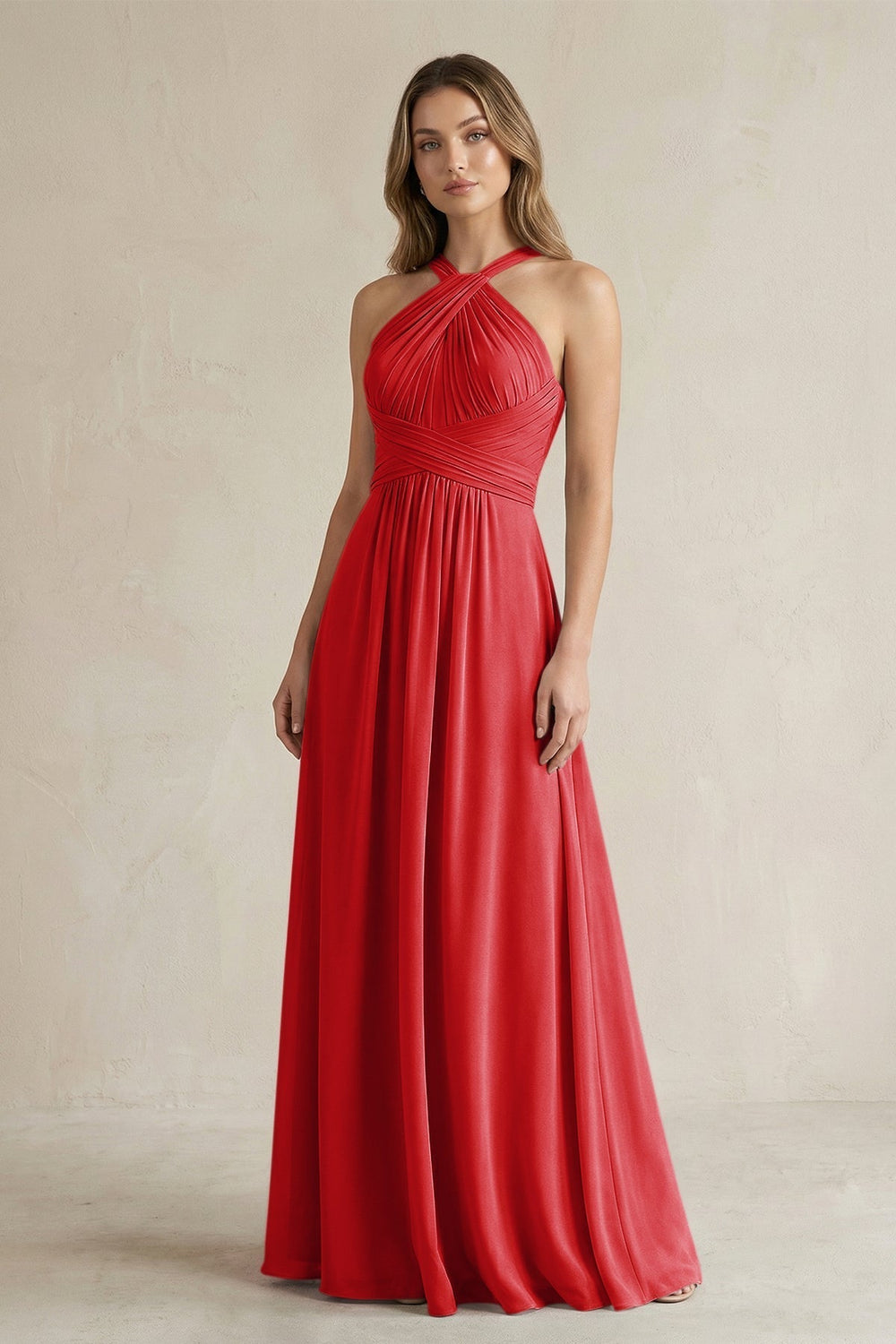 Cross Halter A-Line Pleated Bridesmaid Dress in Ruby Red
