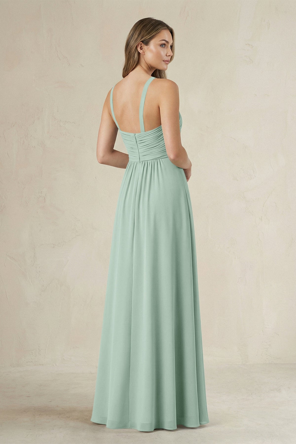 Cross Halter A-Line Pleated Bridesmaid Dress in Sage