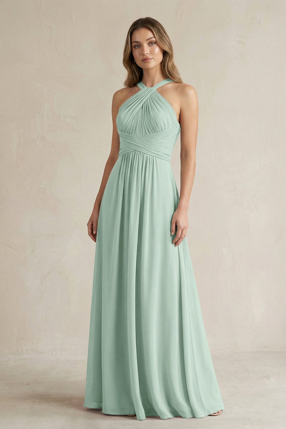 Cross Halter A-Line Pleated Bridesmaid Dress in Sage
