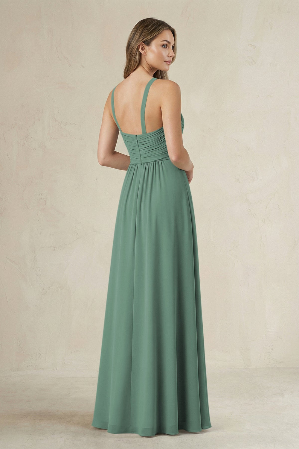 Cross Halter A-Line Pleated Bridesmaid Dress in Sea Glass