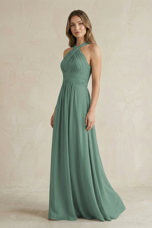 Cross Halter A-Line Pleated Bridesmaid Dress in Sea Glass (3) | KISSBRIDAL