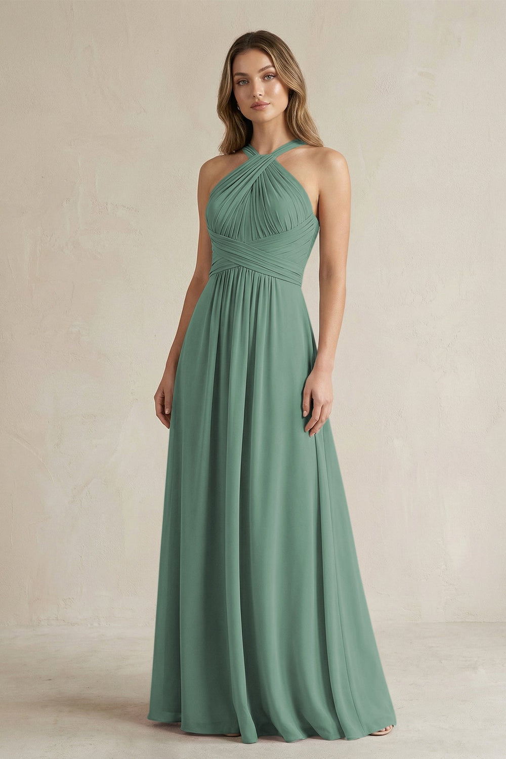 Cross Halter A-Line Pleated Bridesmaid Dress in Sea Glass