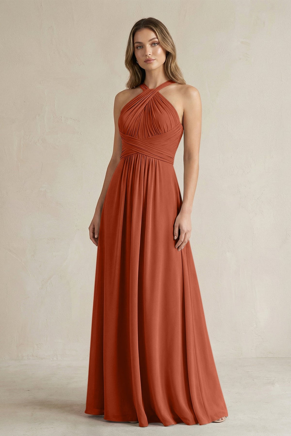 Cross Halter A-Line Pleated Bridesmaid Dress in Spice
