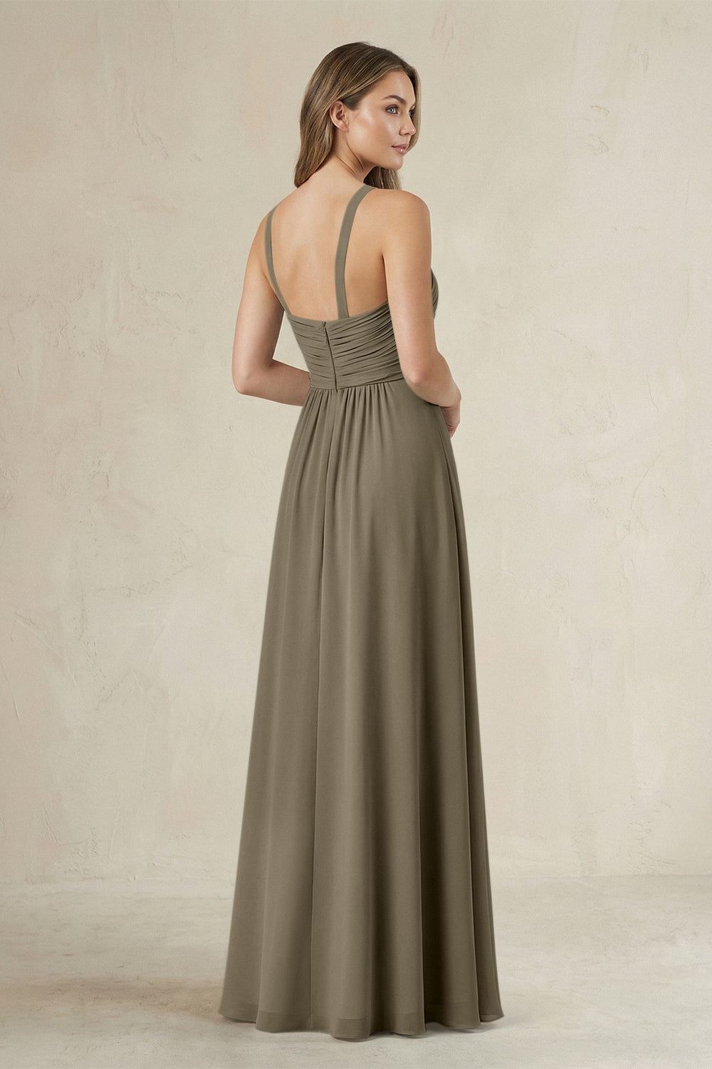 Cross Halter A-Line Pleated Bridesmaid Dress in Willow Green