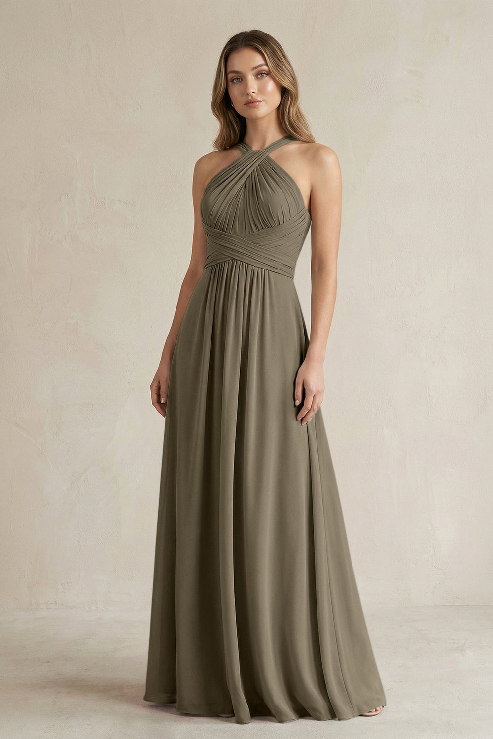 Cross Halter A-Line Pleated Bridesmaid Dress in Willow Green