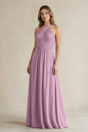 Cross Halter A - Line Pleated Bridesmaid Dress in Wisteria - KISS BRIDAL Bridesmaid Dresses