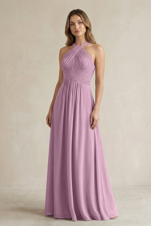 Cross Halter A - Line Pleated Bridesmaid Dress in Wisteria - KISS BRIDAL Bridesmaid Dresses