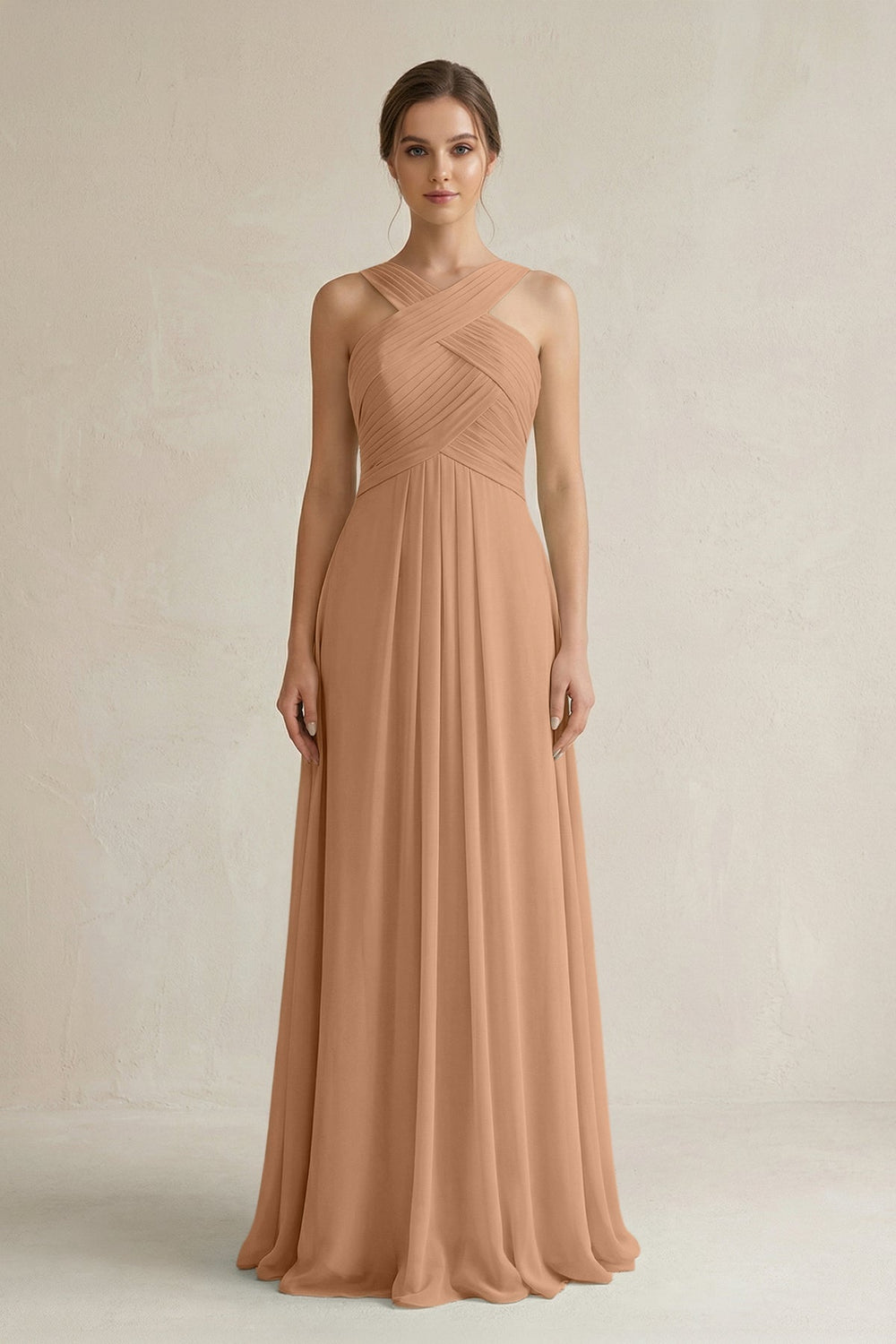 Cross Halter Chiffon A-Line Pleated Bridesmaid Dress in Bronzer