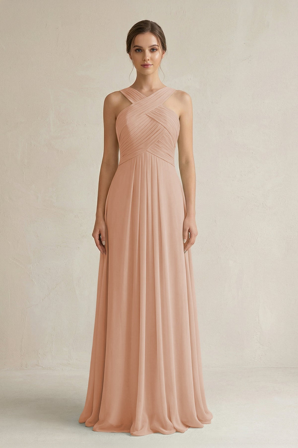 Cross Halter Chiffon A-Line Pleated Bridesmaid Dress in Champagne Rose