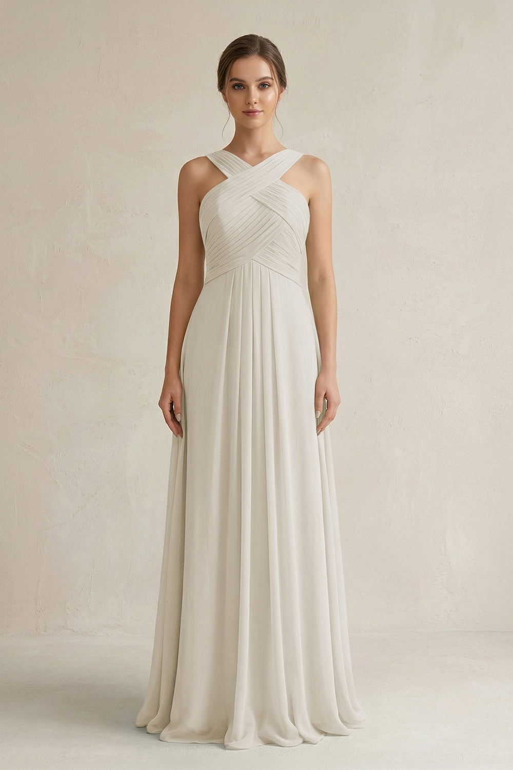 Cross Halter Chiffon A-Line Pleated Bridesmaid Dress in Dove Gray