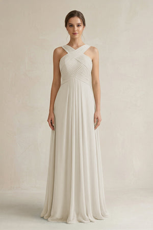 Cross Halter Chiffon A - Line Pleated Bridesmaid Dress in Dove Gray - KISS BRIDAL Bridesmaid Dresses